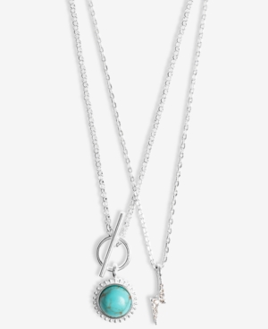 image of Lucky Brand Silver-Tone 2-Pc. Set Reconstituted Turquoise & Pave Bolt Pendant Necklaces, 17