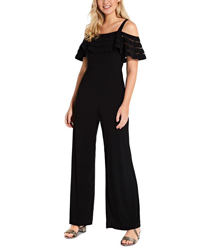 Adrianna Papell Illusion-Striped Cold-Shoulder Jumpsuit - Macy's