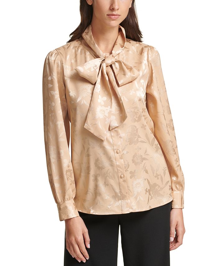 Calvin Klein Floral Print Tie Neck Bow Blouse Macy s