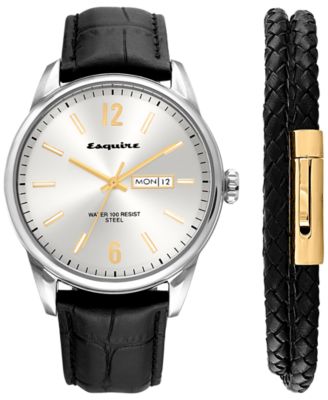 Esquire Men's Jewelry - 2-Pc. Set Men's Black Leather Strap Watch 40mm & Woven Leather Wrap Bracelet