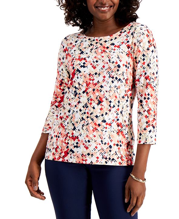 JM Collection Jacquard 3/4-Sleeve Top, Created for Macy's & Reviews - Tops - Women - Macy's