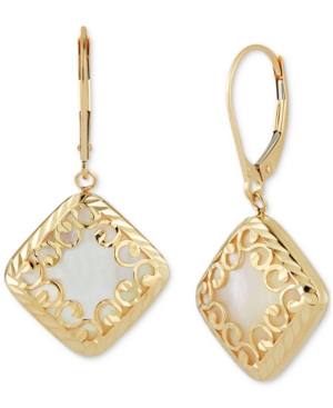 image of Mother-of-Pearl Square Filigree Drop Earrings in 14k Gold