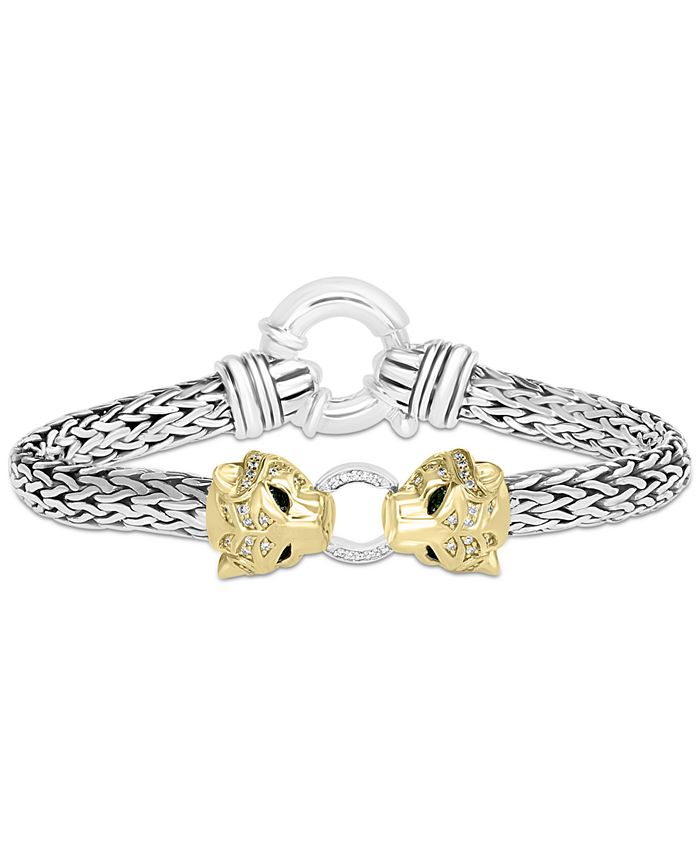 EFFY Collection - Diamond (1/4 ct. t.w.) & Tsavorite Accent Panther Mesh Bracelet in Sterling Silver & 14k Gold-Plate