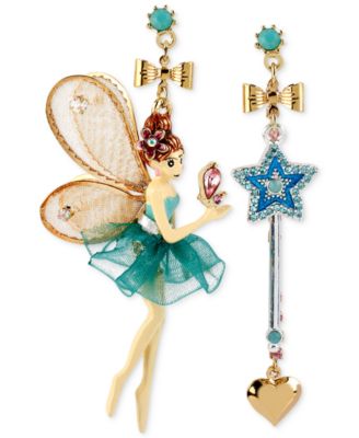 Betsey Johnson - Antique Gold-Tone Fairy and Wand Mismatch Drop Earrings