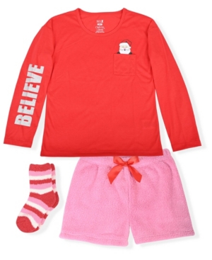 image of Big Girl-s 2 Piece Short Pajama Santa Believe Set with Socks