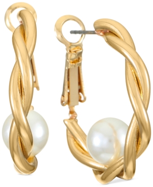 image of Alfani Gold-Tone Small Imitation Pearl Twist Hoop Earrings, 1.05