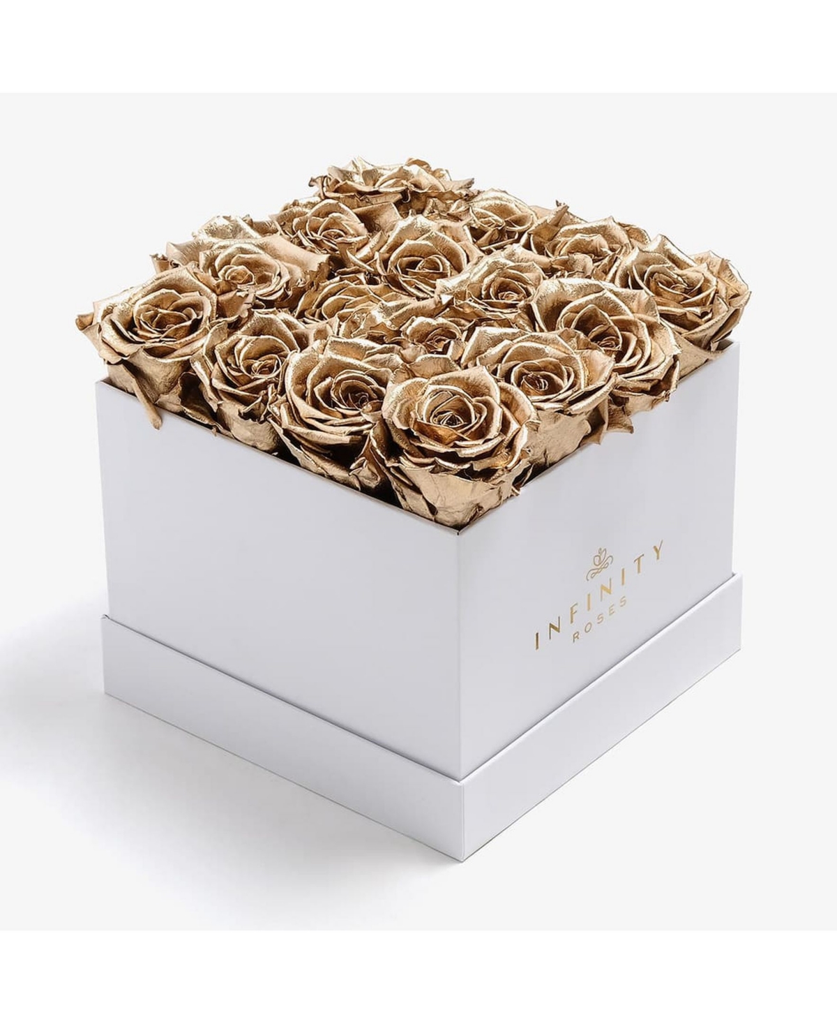 Square Box of 16 Gold Real Roses Preserved to Last Over A Year, Large - Gold-tone