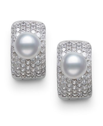 Macy's - Cultured Freshwater Pearl 6-6.5mm and Cubic Zirconia Huggie Earrings in Sterling Silver