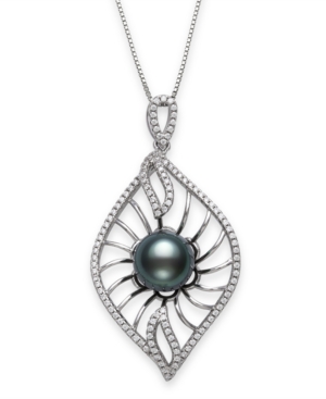 image of Cultured Black Tahitian Pearl 9-10mm and Cubic Zirconia Drop Pendant in Sterling Silver with 18
