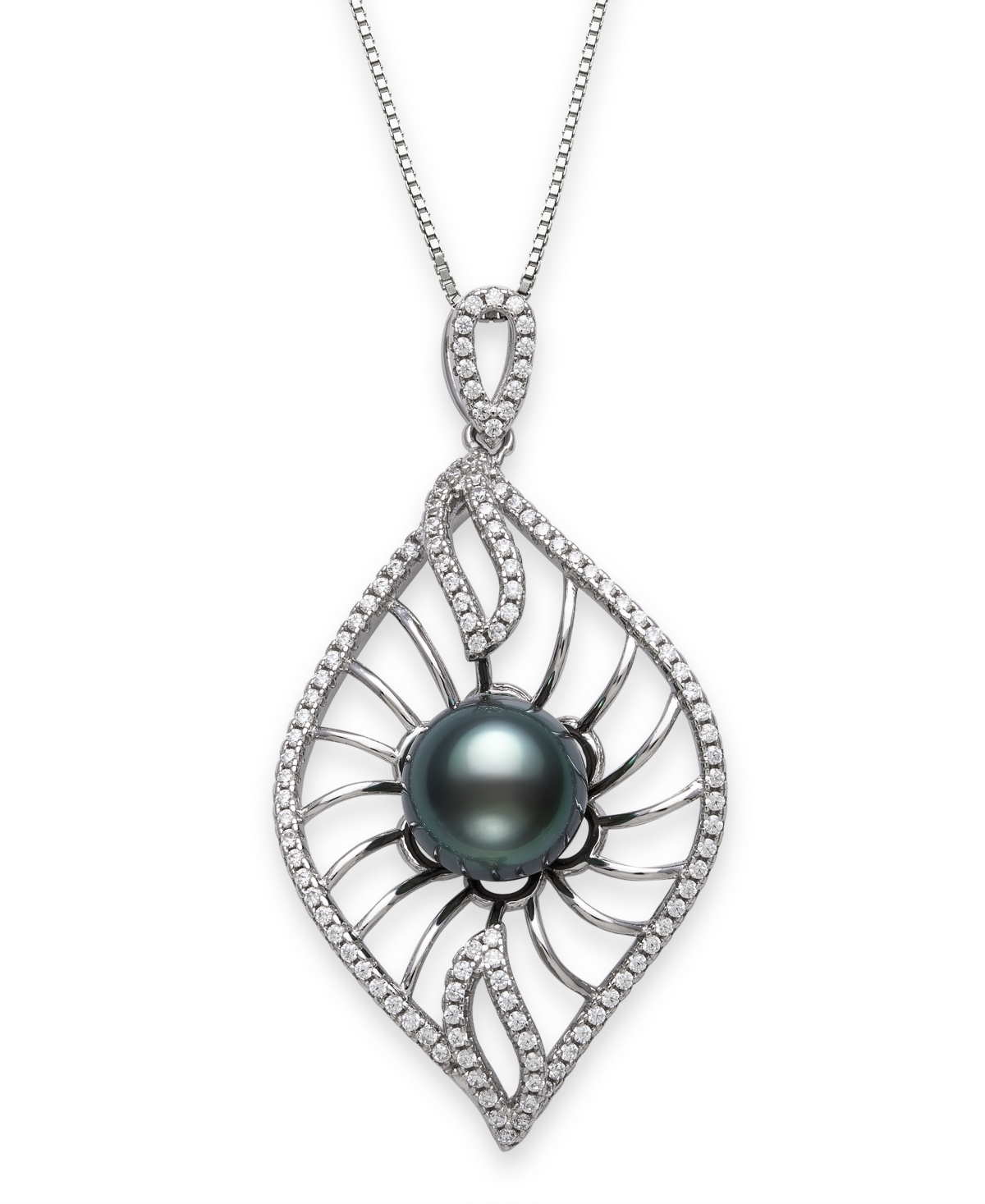 Macy's Cultured Black Tahitian Pearl 9-10mm and Cubic Zirconia Drop Pendant in Sterling Silver with 18" Chain