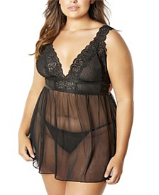 Women's Plus Size Mesh and Lace Frame Empire Babydoll with G-String
