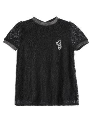 image of Big Girl-s Short Sleeve Stretch Lace Top with Applique Detail