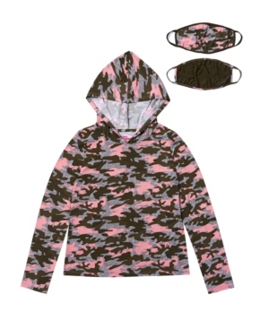 image of Big Girls Long Sleeve Hooded Top with Matching Reversible Mask, Set of 2