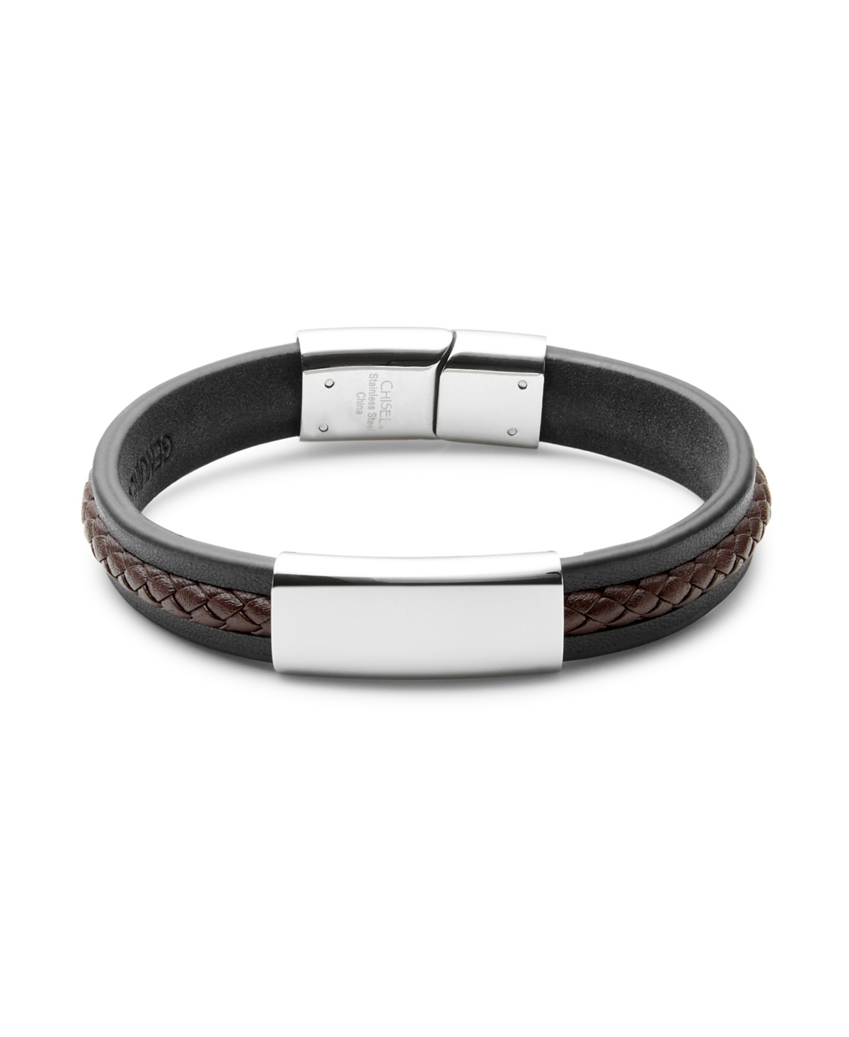 Eve's Jewelry Men's Black With Brown Brai Ded Leather Id Bracelet
