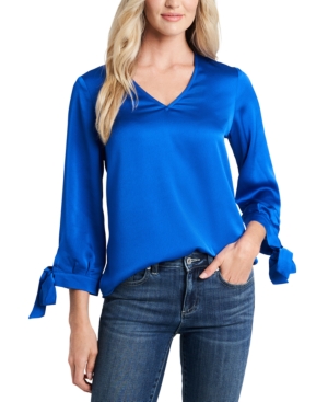 Cece Tie Cuff Satin Top In Deep Lapis