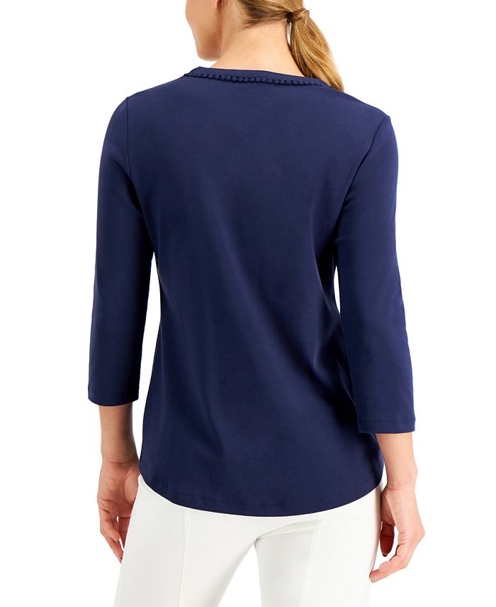 Karen Scott Cotton Crochet-Trim Split-Neck Top Blue Size L main image 0