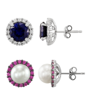 image of 2-Pc. Set Cultured Freshwater Pearl (7mm), Lab-Created Gemstone, & Cubic Zirconia Stud Earrings and Jackets in Sterling Silver