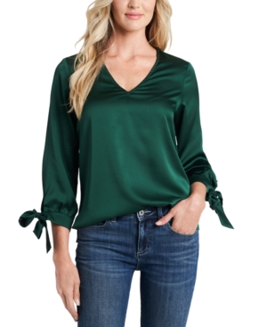 Cece Tie Sleeve Satin Blouse In Alpine Green