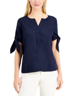 Charter Club LINEN SPLIT-NECK TIE-CUFF TOP, CREATED FOR MACY'S