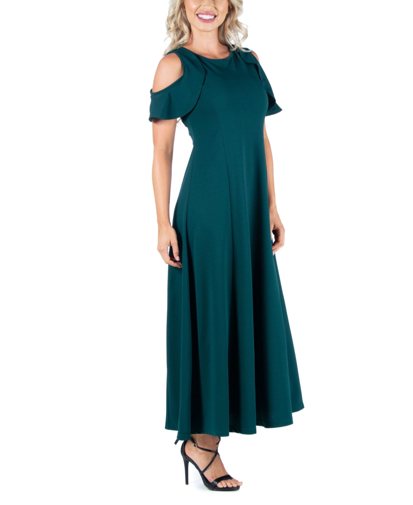 Женское платье 24seven Comfort Apparel Ruffle Cold Shoulder A Line Maxi, цвет: Чёрный — фото 5