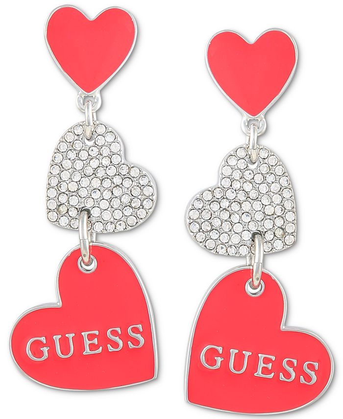 GUESS Silver-Tone Crystal Red Triple Heart Drop Earrings - Macy's