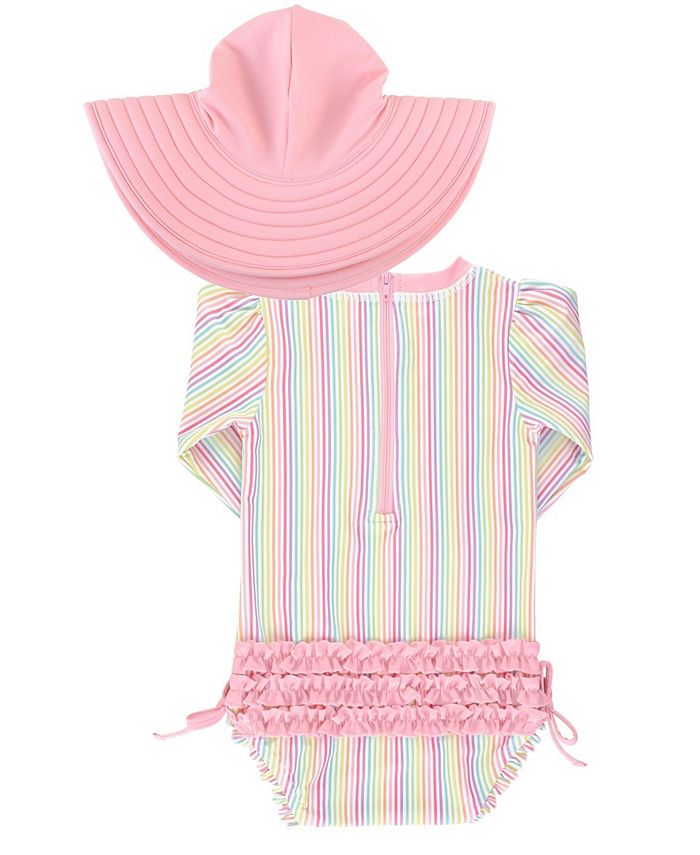 RuffleButts Baby Girls Ruffled 1Piece Rash Guard Swim Hat Set