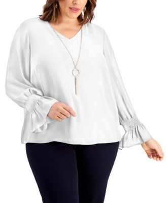 JM Collection Plus Size Smocked-Sleeve Necklace Top, Created for Macy's ...