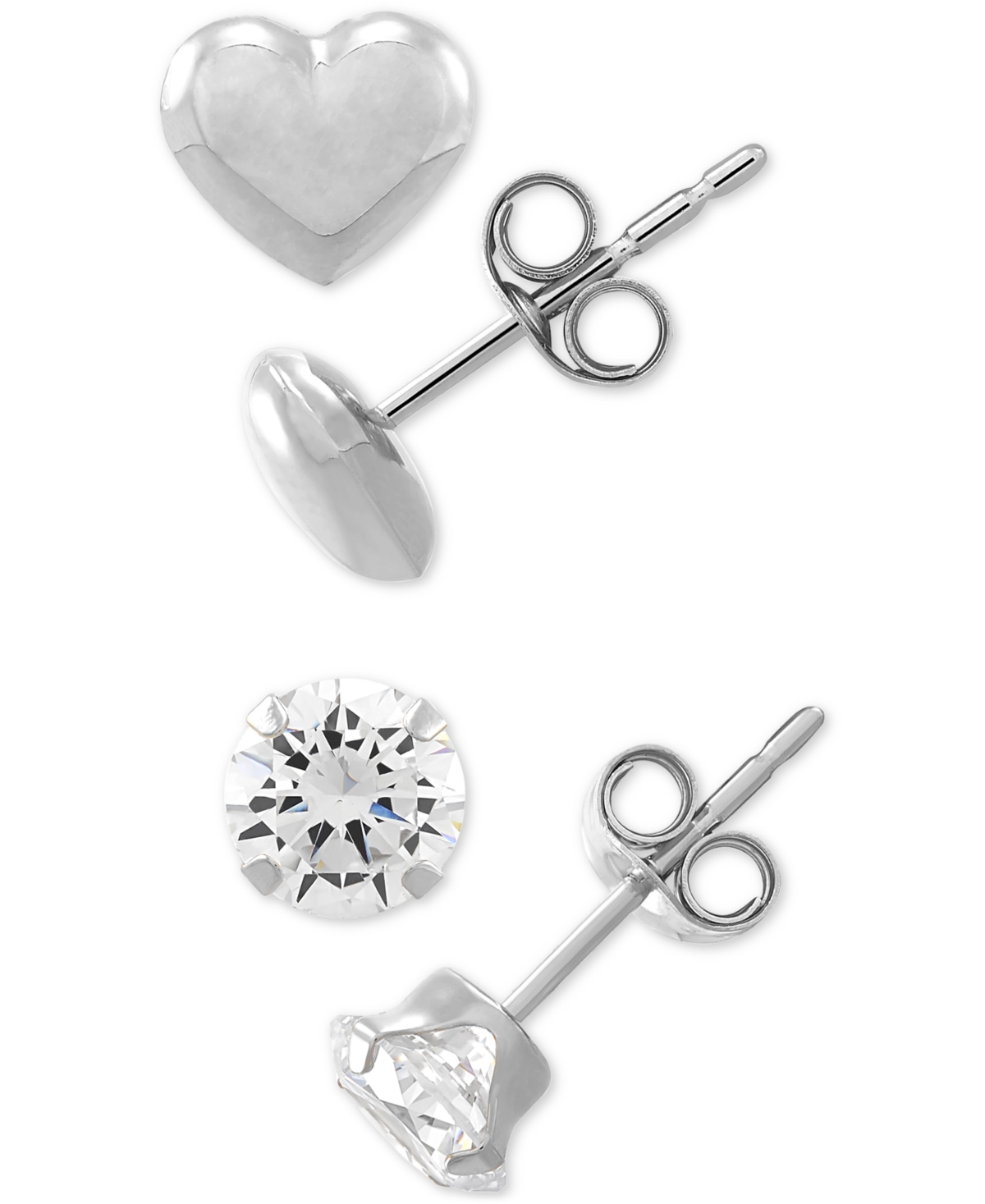 2-Pc. Set Cubic Zirconia & Heart Stud Earrings - 10K White Gold