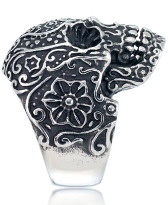 Men's Ornamental Skull Ring in Oxidized Stainless Steel