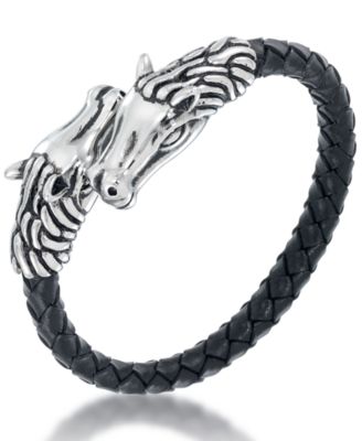 Andrew Charles by Andy Hilfiger - Men's Black Leather Horse Head Bracelet in Stainless Steel