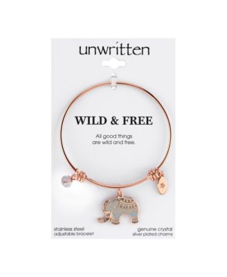 "All Good Things are Wild and Free" Elephant Charm Adjustable Bangle Bracelet in Rose Gold-Tone Stainless Steel with Silver Plated Charms