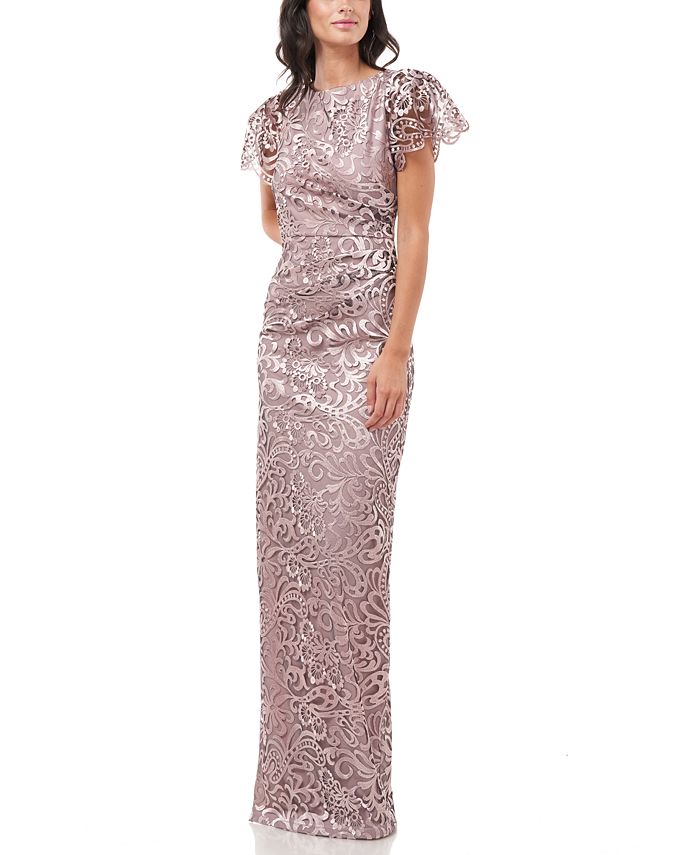 js collections embroidered ruffle drape column gown