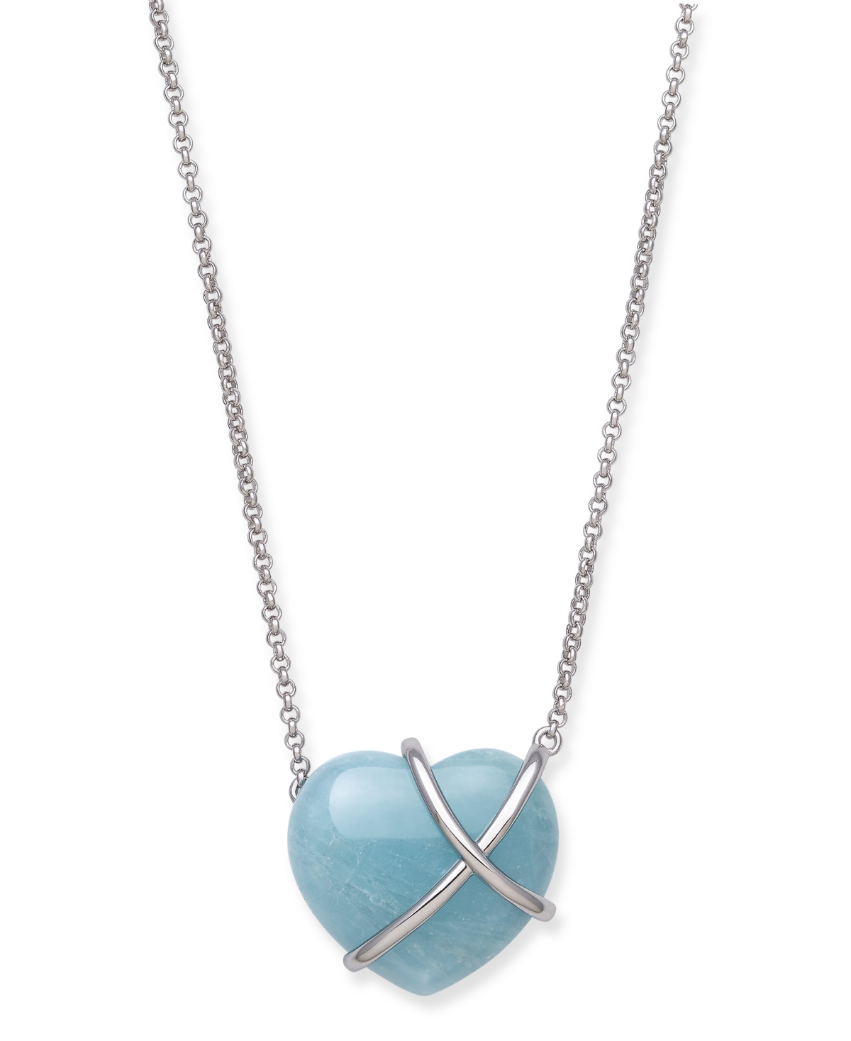 Milky Aquamarine 17" Heart Pendant Necklace in Sterling Silver. - Silver