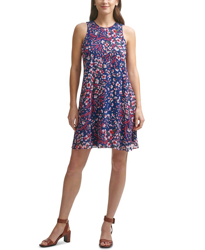 Calvin Klein Floral-Print Chiffon Trapeze Dress - Macy's