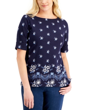 Karen Scott Garden Floral Elbow-Sleeve Top Created for Macy's