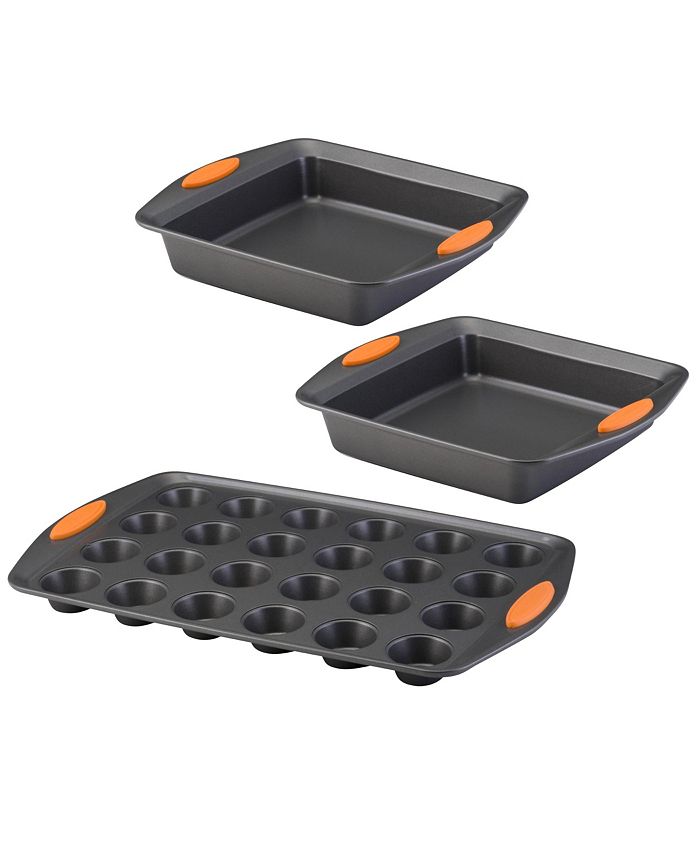 Rachael Ray - Yum-o! Nonstick Square Baking Pan and 24-Cup Mini Muffin Pan Set, 3-Pc., Gray with Orange Handles