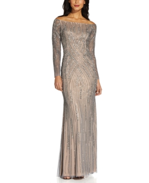 Adrianna Papell Sequin Off-the-shoulder Gown In Sterling Silver