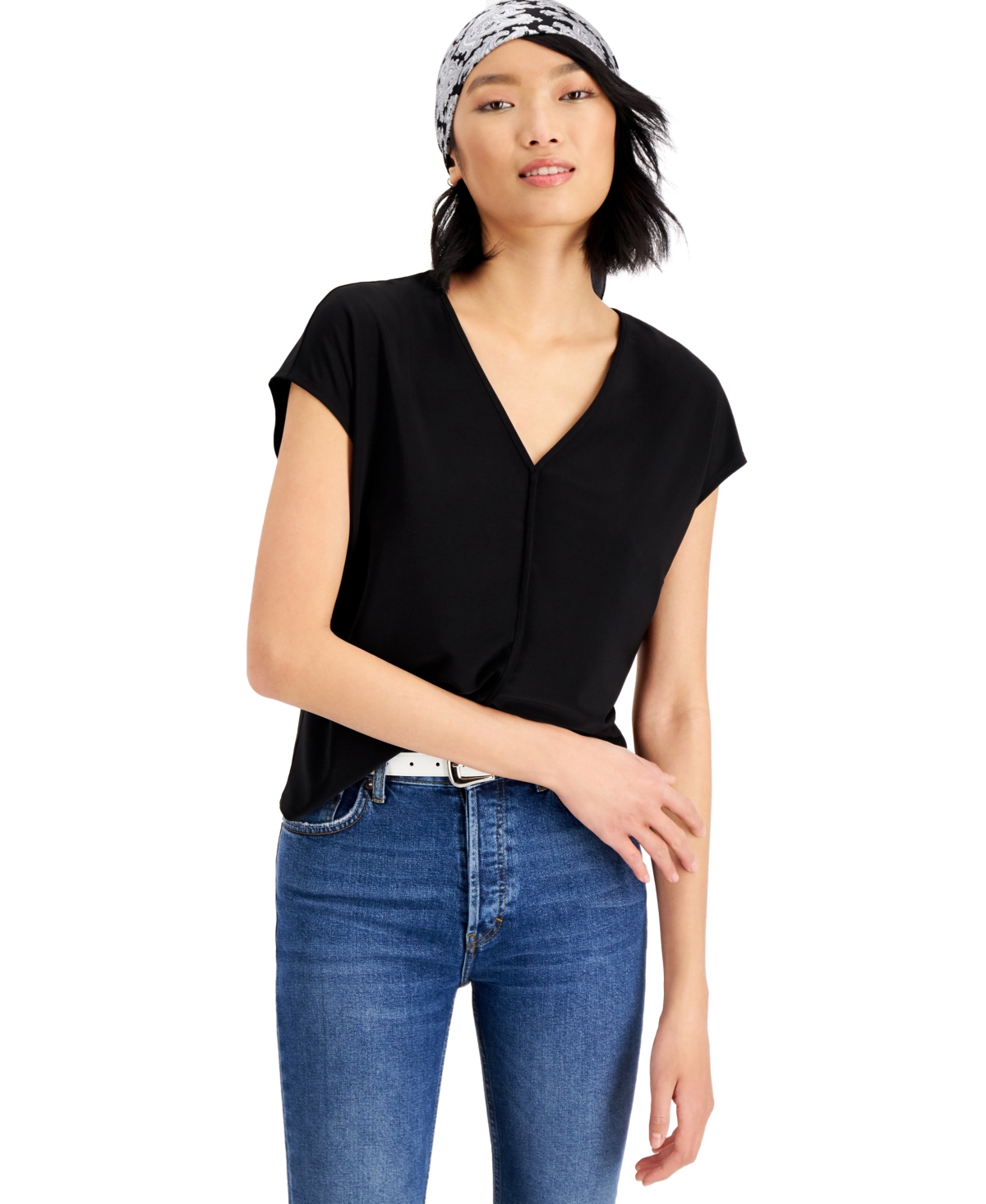 Bar Iii Women's Seamed V-neck Top, Created For Macy's In Black