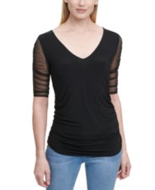 Sheer-Sleeve Ruched Top