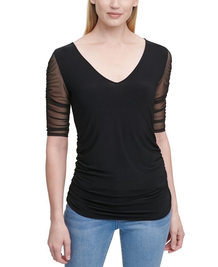 DKNY Sheer-Sleeve Ruched Top & Reviews - Tops - Women - Macy's