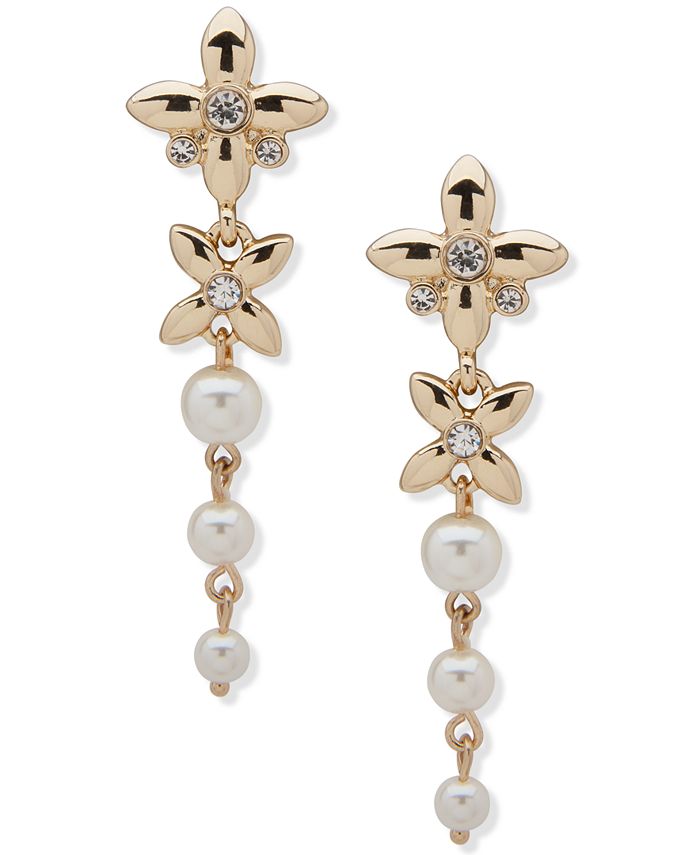 Anne Klein Gold-Tone Pavé Flower & Imitation Pearl Linear Drop Earrings ...
