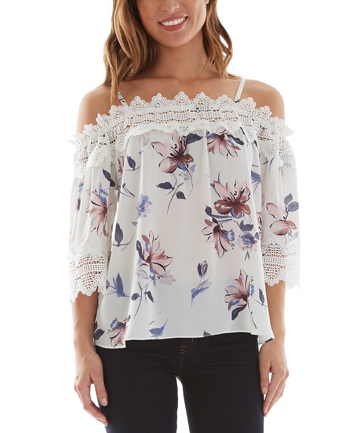BCX Juniors Floral Print Crochet Trim Cold Shoulder Top Macy s