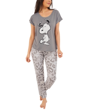 Munki Munki Snoopy Peanuts Snoopy Leopard Pajama Set In Grey