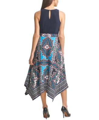 Robe Vince Camuto - Taille M - Col Asymétrique Bleu-vert/blanc - Occasion Très Bon état