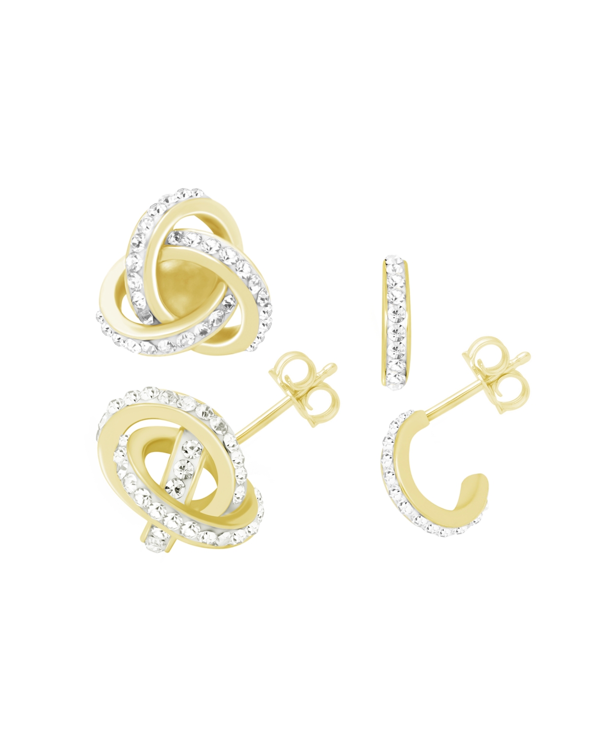 Clear Crystal Loveknot and C-hoop Duo Earring in Silver Plate or Gold Plate - Gold