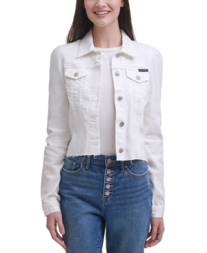 Calvin Klein Jeans Puff Sleeve Crop Raw Hem Denim Jacket