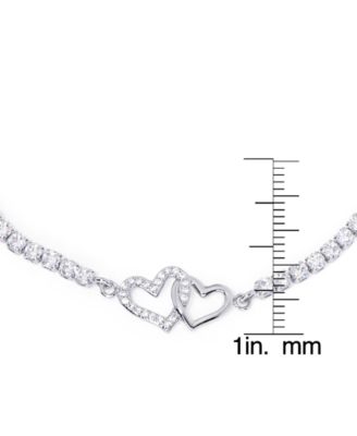 Cubic Zirconia Linked Hearts Adjustable Bolo Bracelet in Silver Plate