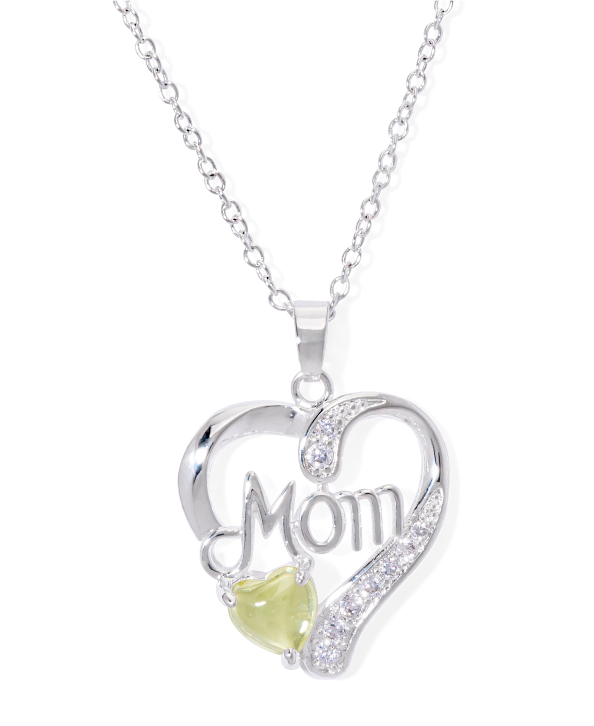 Simulated Blue Topaz Birthstone Mom Heart Pendant Necklace in Silver Plate -Simulated Peridot