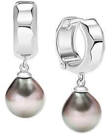 Cultured Tahitian Pearl (9mm) Dangle Huggie Hoop Earrings in Sterling Silver