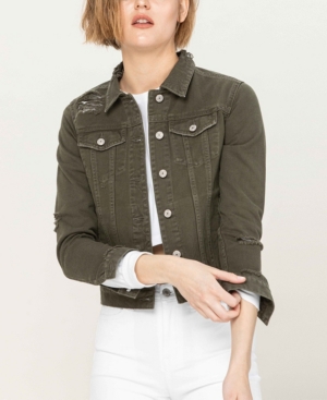 Women's Distressed Olive Classic Fit Denim Jacket